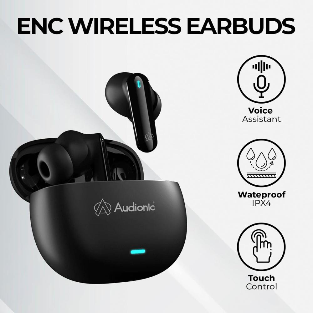 Audionic Airbud 425 Quad Mic, ENC Wireless Earbuds, Gaming mode Low Latency Earbud With 40 Hours Playtime, IPx4 Water Proof Wireless Earphones With Voice Assistance Bluetooth Earbuds.