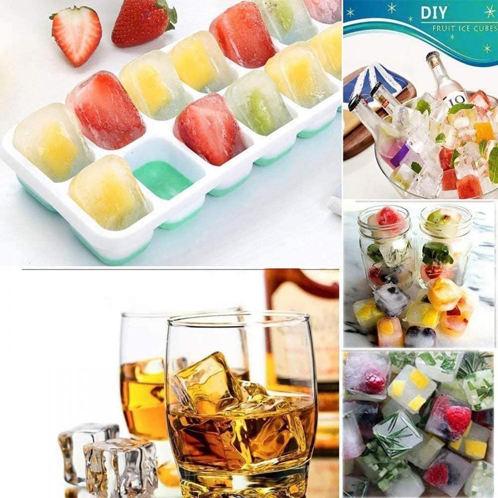 Ice Cube Trays - Silicone Base with lids, BPA Free Food Grade, Easy-Release Silicone Flexible Ice Cube Molds Ice Maker for Home, 14-Ice Cube (4 Colors) 