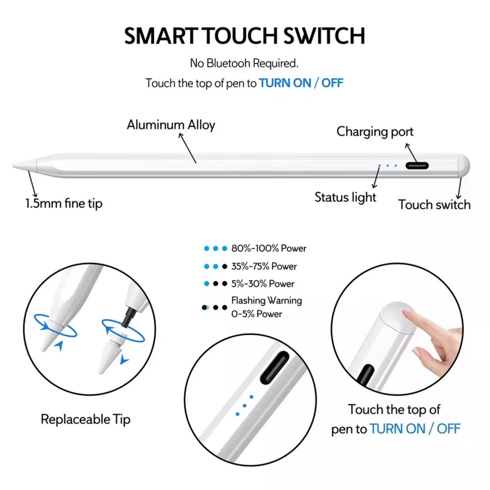 Stylus Pen for iPad features palm rejection and tilt sensitivity, compatible with iPad Pro, iPad 9th/8th/7th/6th, iPad Air 5th/4th/3rd, and iPad Mini 6th/5th