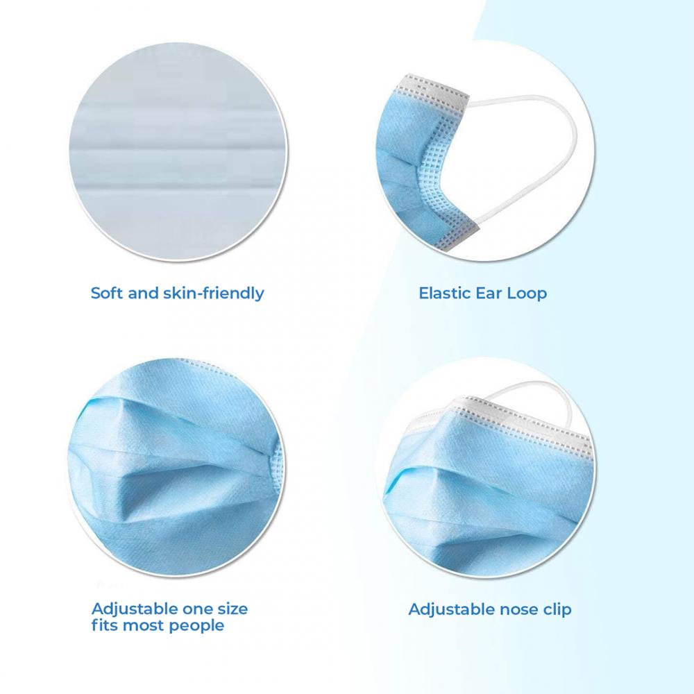 10pcs Disposable Blue Face Mask, Soft on Skin, 3-ply Masks Facial Cover with Elastic Ear loops Great For Home, Office, School, and Outdoors