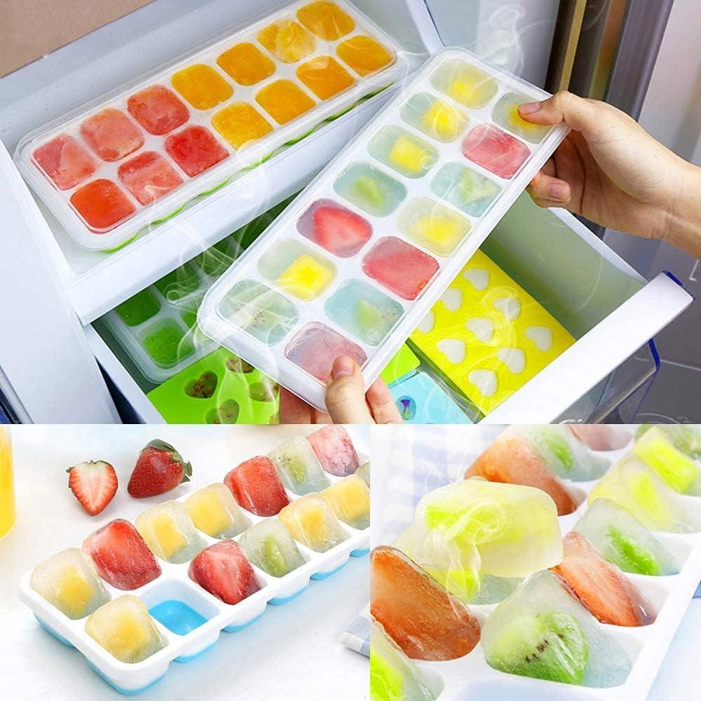 Ice Cube Trays - Silicone Base with lids, BPA Free Food Grade, Easy-Release Silicone Flexible Ice Cube Molds Ice Maker for Home, 14-Ice Cube (4 Colors) 