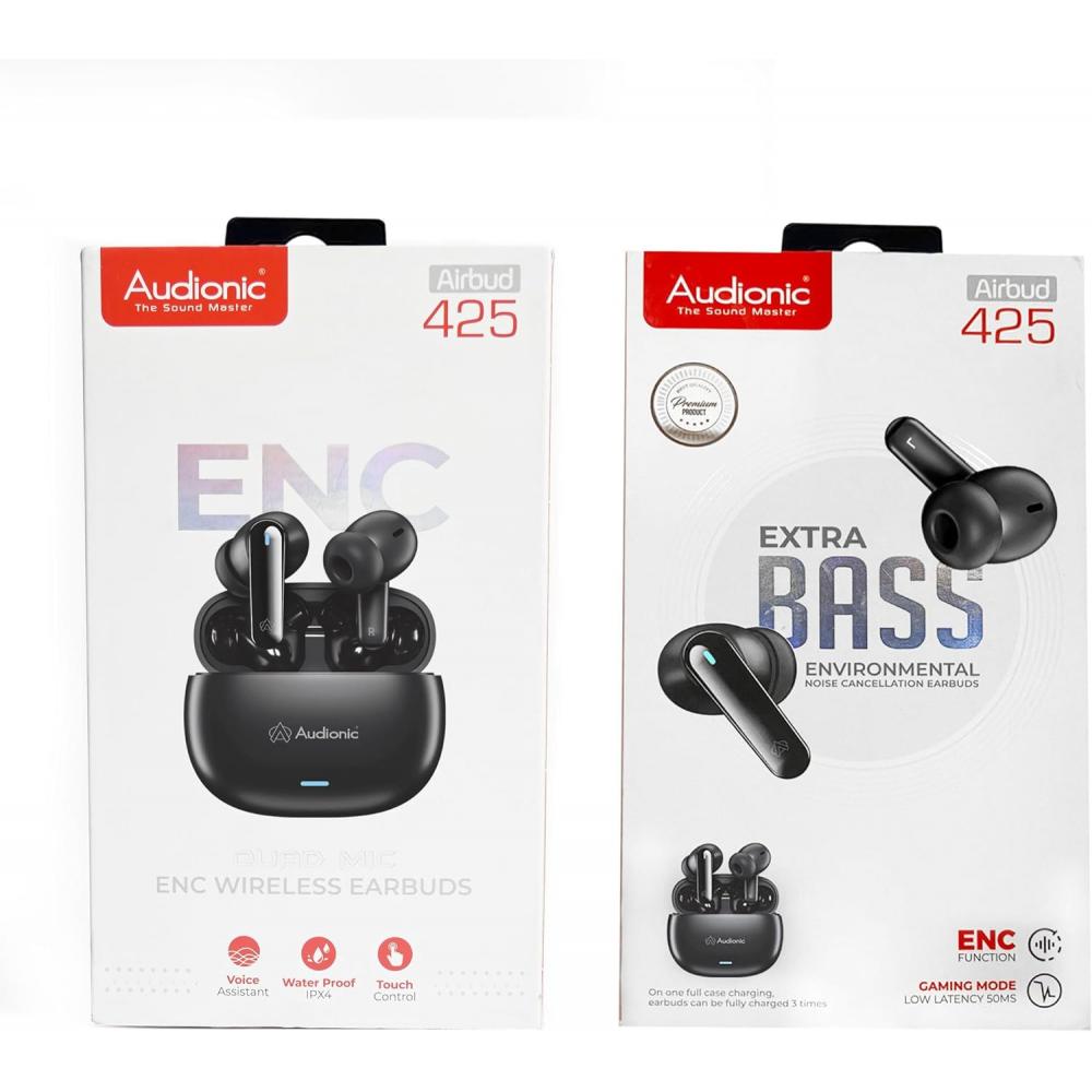 Audionic Airbud 425 Quad Mic, ENC Wireless Earbuds, Gaming mode Low Latency Earbud With 40 Hours Playtime, IPx4 Water Proof Wireless Earphones With Voice Assistance Bluetooth Earbuds.