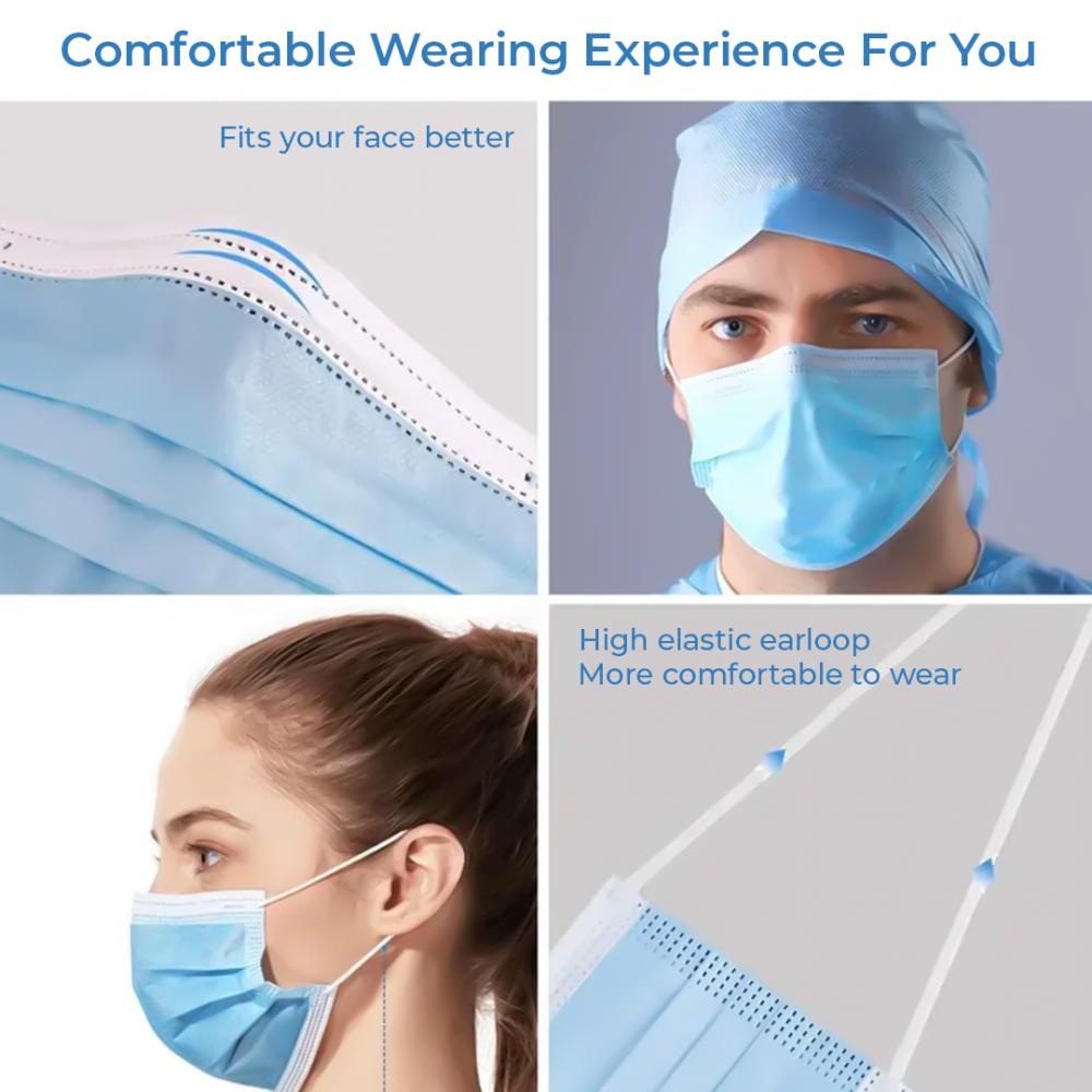 10pcs Disposable Blue Face Mask, Soft on Skin, 3-ply Masks Facial Cover with Elastic Ear loops Great For Home, Office, School, and Outdoors