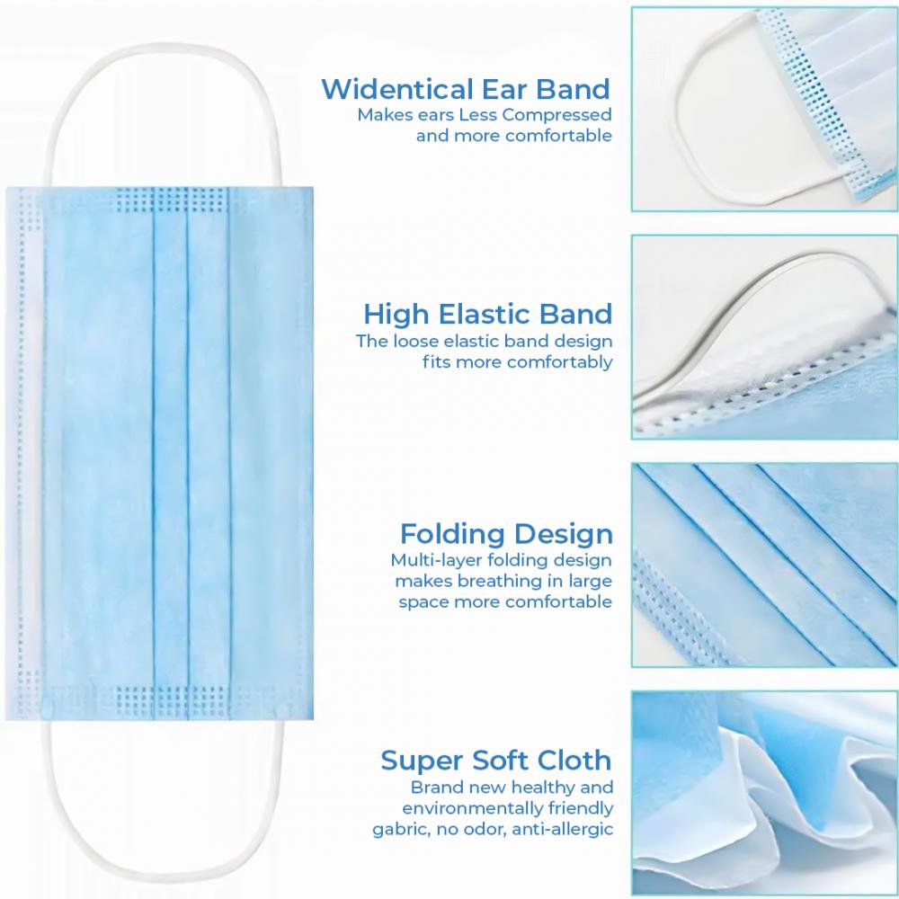 10pcs Disposable Blue Face Mask, Soft on Skin, 3-ply Masks Facial Cover with Elastic Ear loops Great For Home, Office, School, and Outdoors