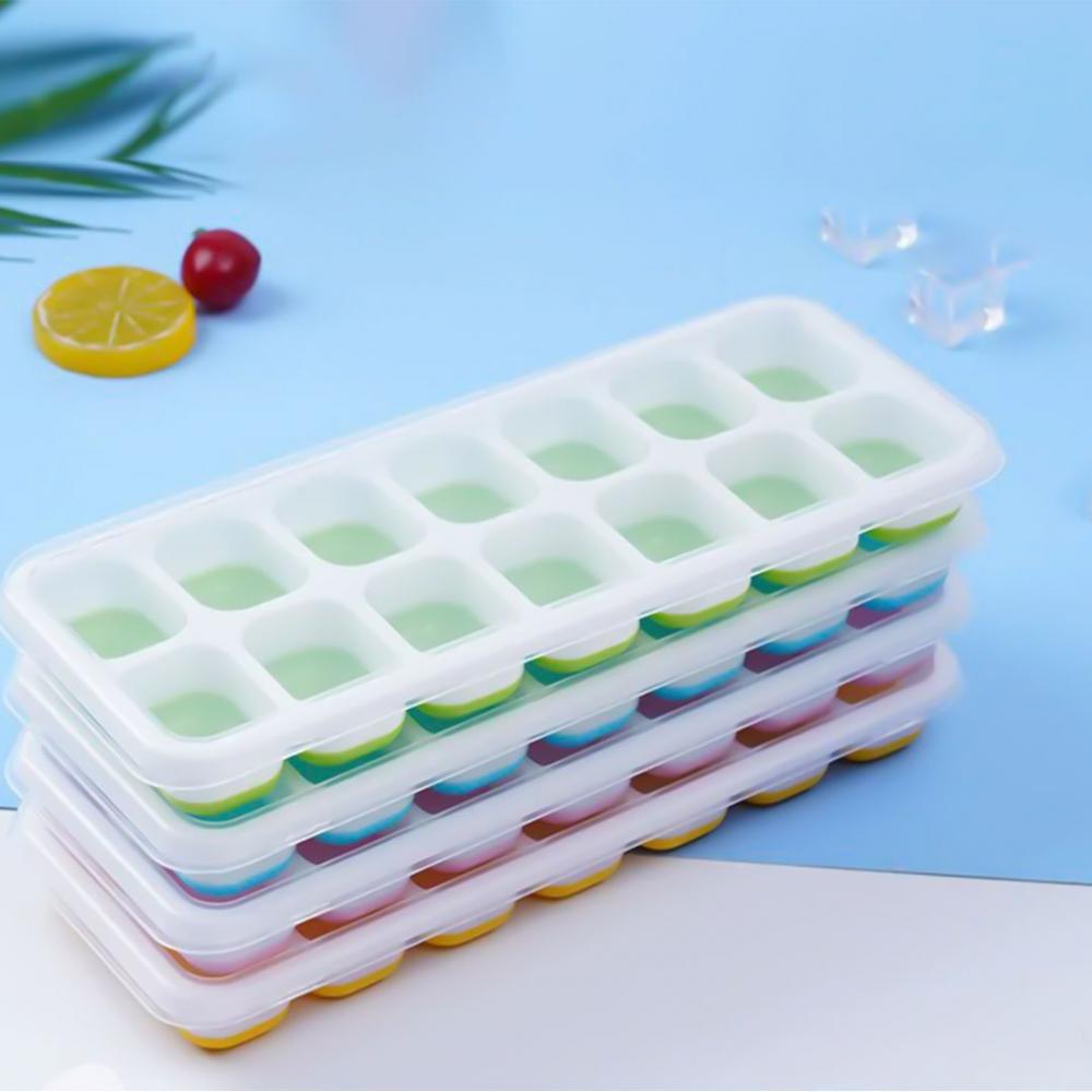 Ice Cube Trays - Silicone Base with lids, BPA Free Food Grade, Easy-Release Silicone Flexible Ice Cube Molds Ice Maker for Home, 14-Ice Cube (4 Colors) 