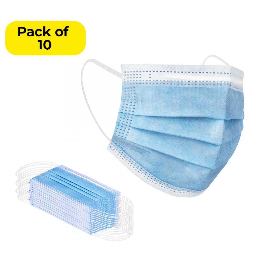 10pcs Disposable Blue Face Mask, Soft on Skin, 3-ply Masks Facial Cover with Elastic Ear loops Great For Home, Office, School, and Outdoors